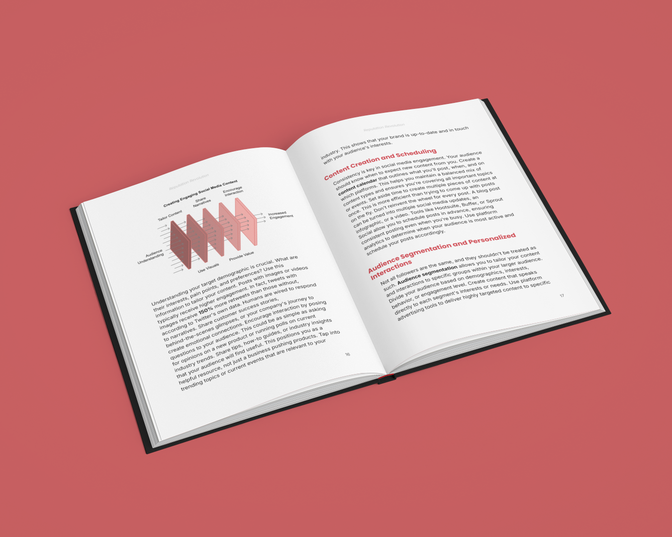 Simplicity E-Book open to pages discussing reputation marketing techniques and strategic insights