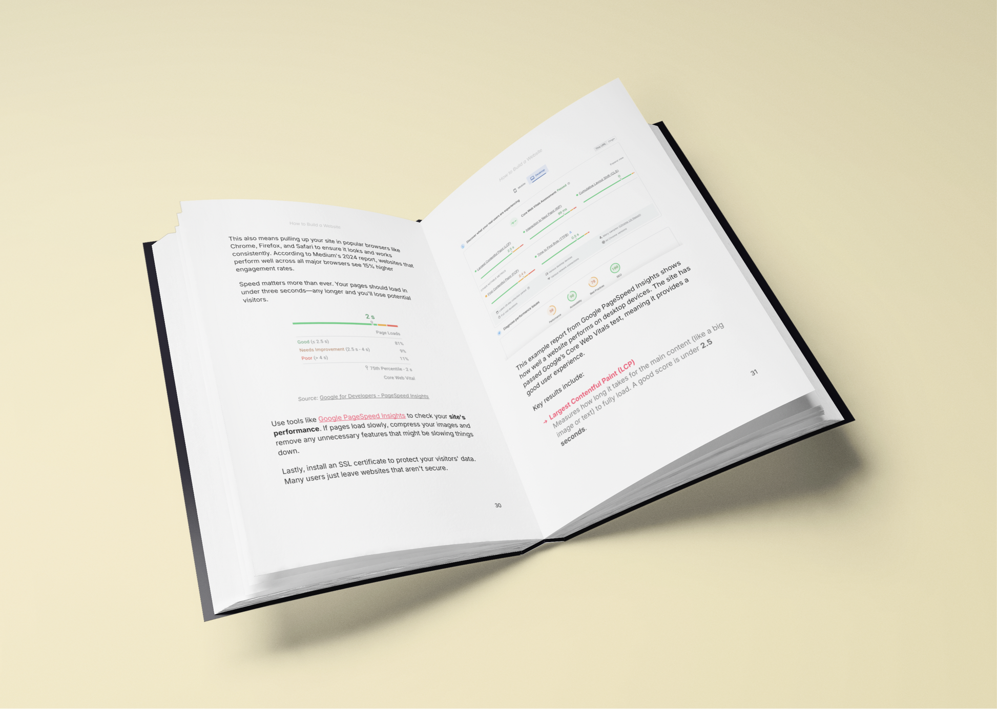 Open E-Book by Simplicity featuring a website building guide with detailed instructions and screenshots