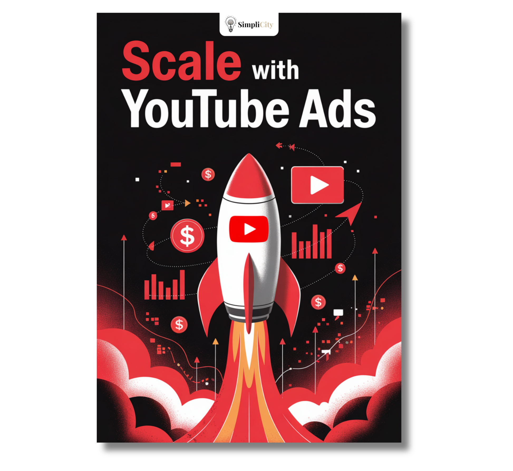 E-Book titled Scale with YouTube Ads course for beginners featuring a rocket and graphs