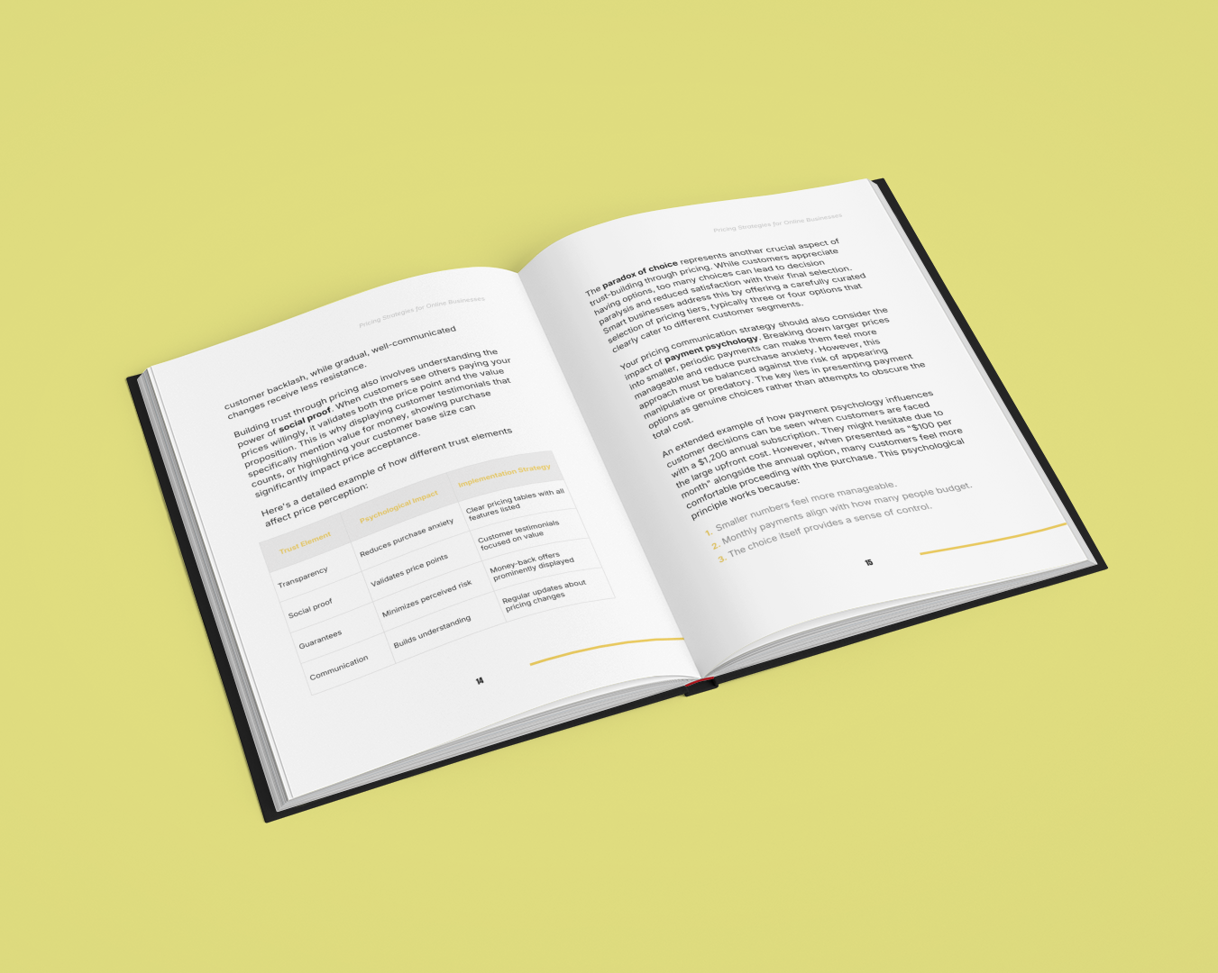 Open Simplicity E-Book on scalable business pricing methods featuring detailed insights and tables