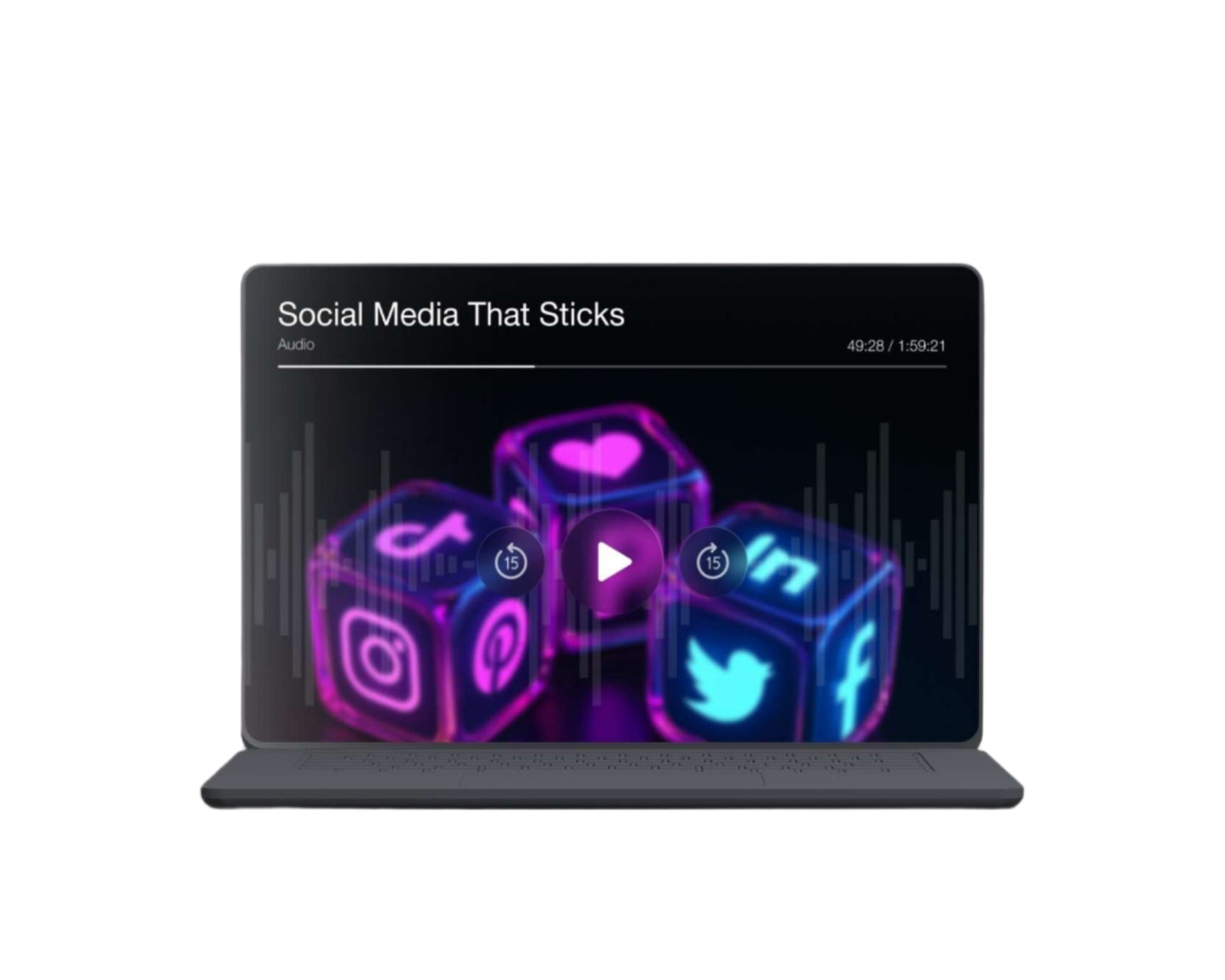 Simplicity audio player displaying the social media marketing course with colorful social media icons