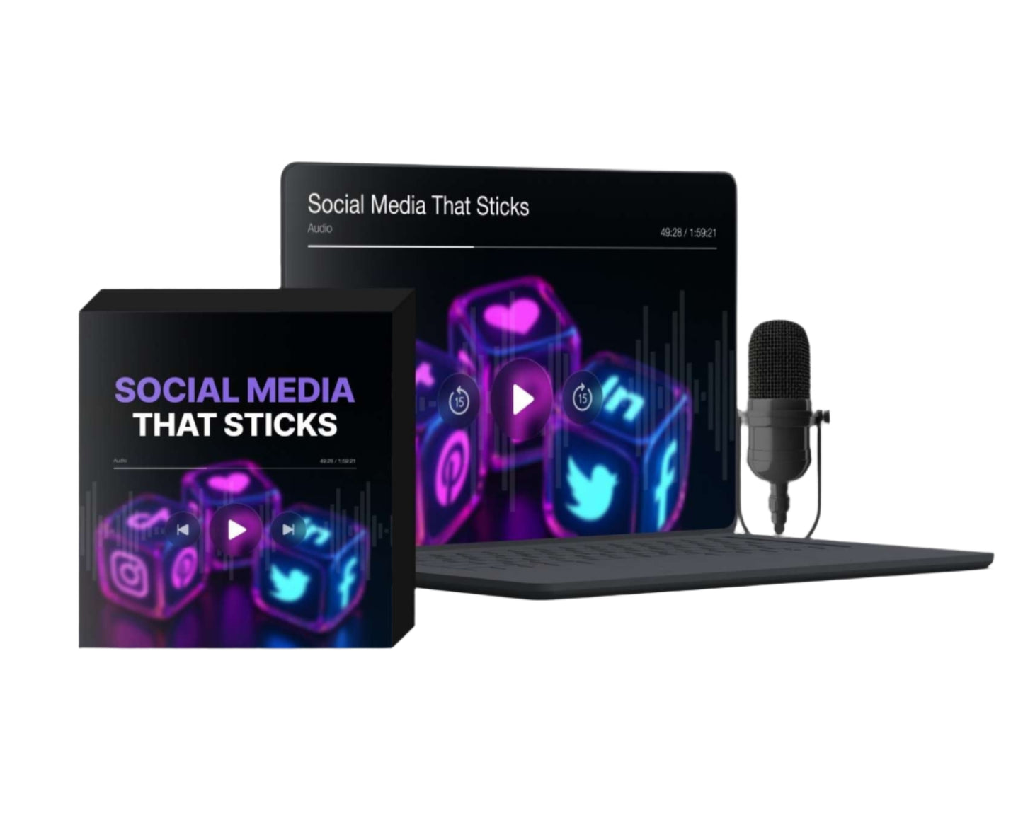 Simplicity social media marketing course audio with colorful social media icons and microphone