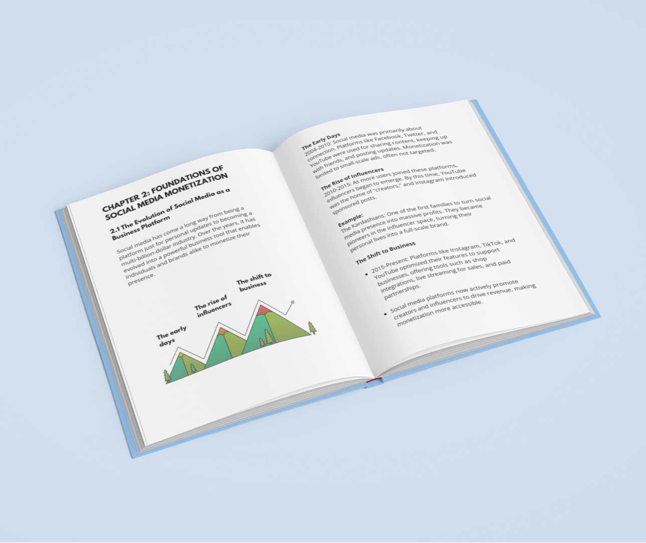 Open E-Book titled Social Media Monetization Guide featuring chapters and graphs for digital marketers