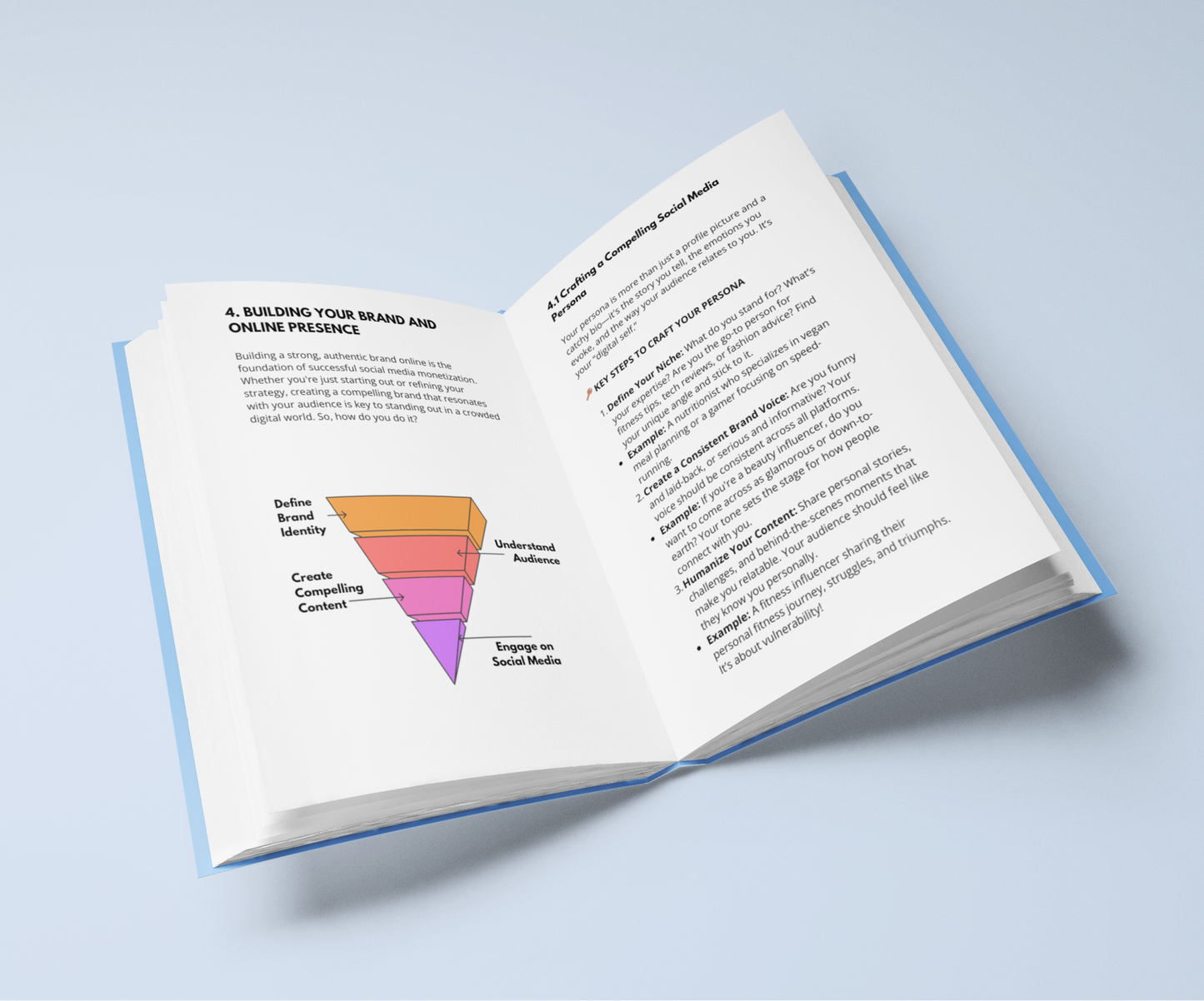 Open e-book showing pages on brand building in the Social Media Monetization Guide