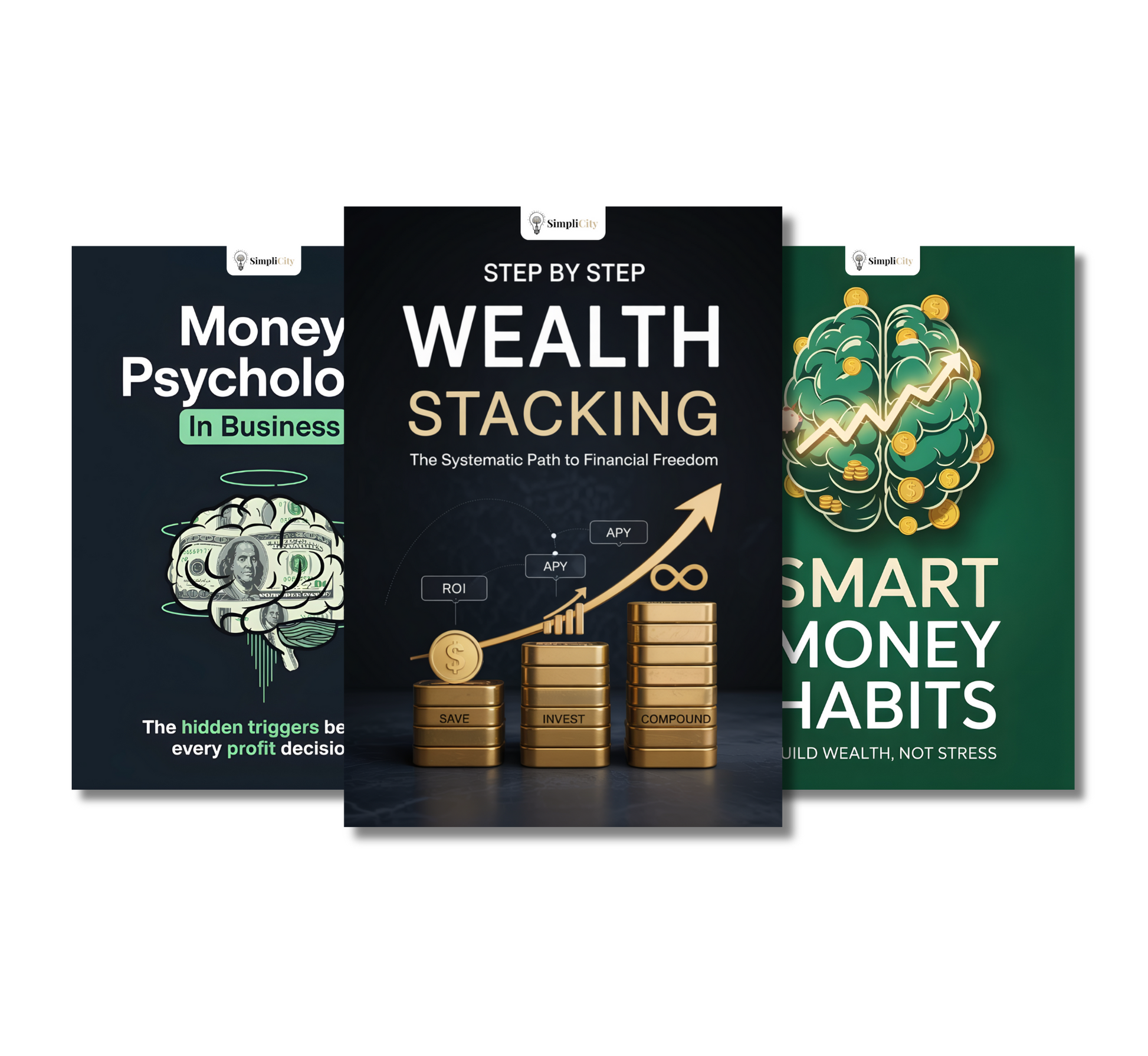 Wealth growth strategies bundle featuring Money Psychology, Wealth Stacking, and Smart Money Habits guides