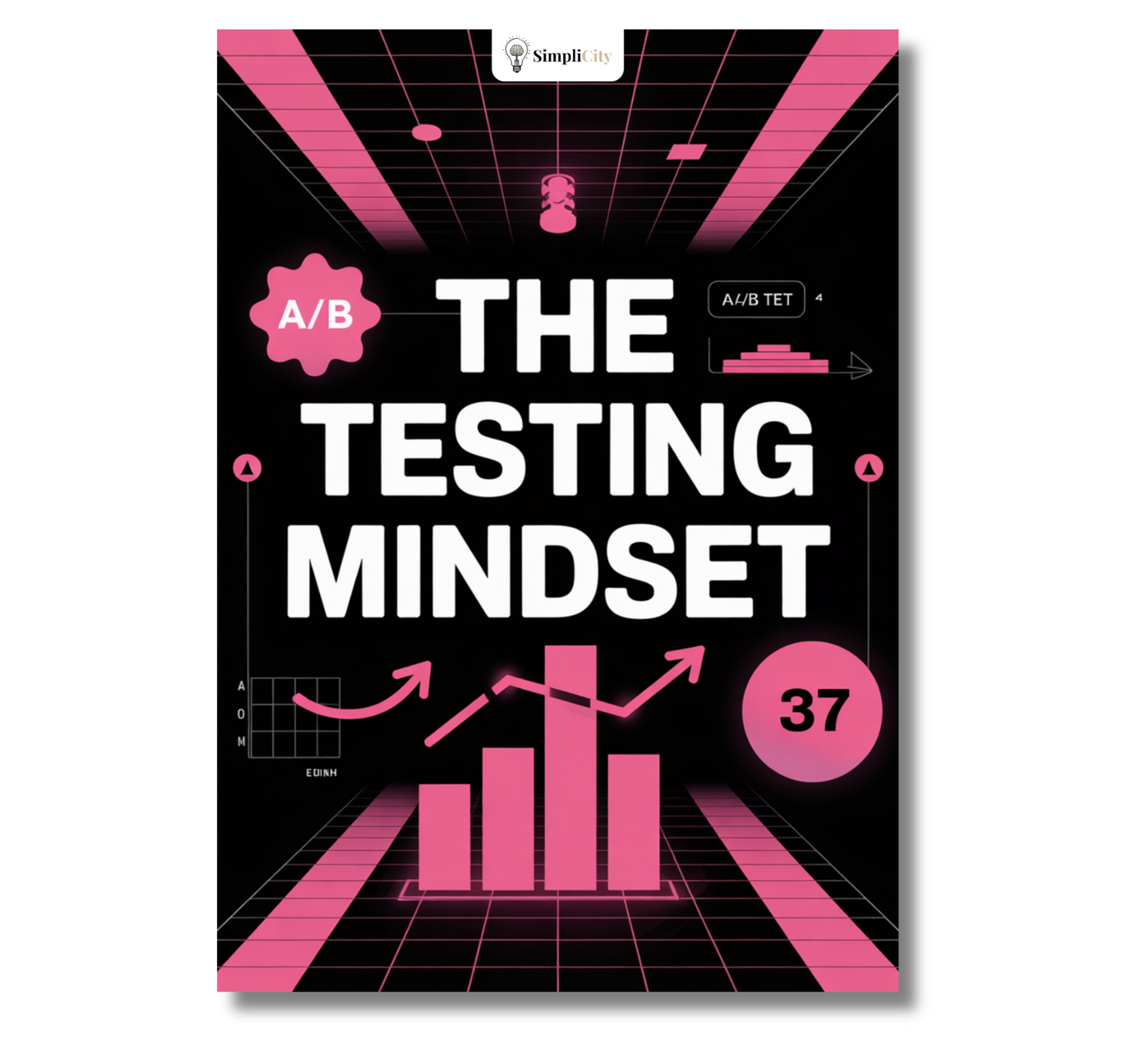 E-Book titled The Testing Mindset with AB testing strategies guide on the cover featuring charts and graphs