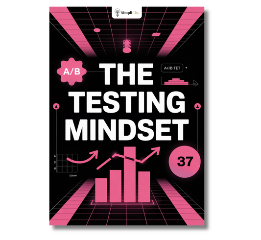 E-Book titled The Testing Mindset with AB testing strategies guide on the cover featuring charts and graphs