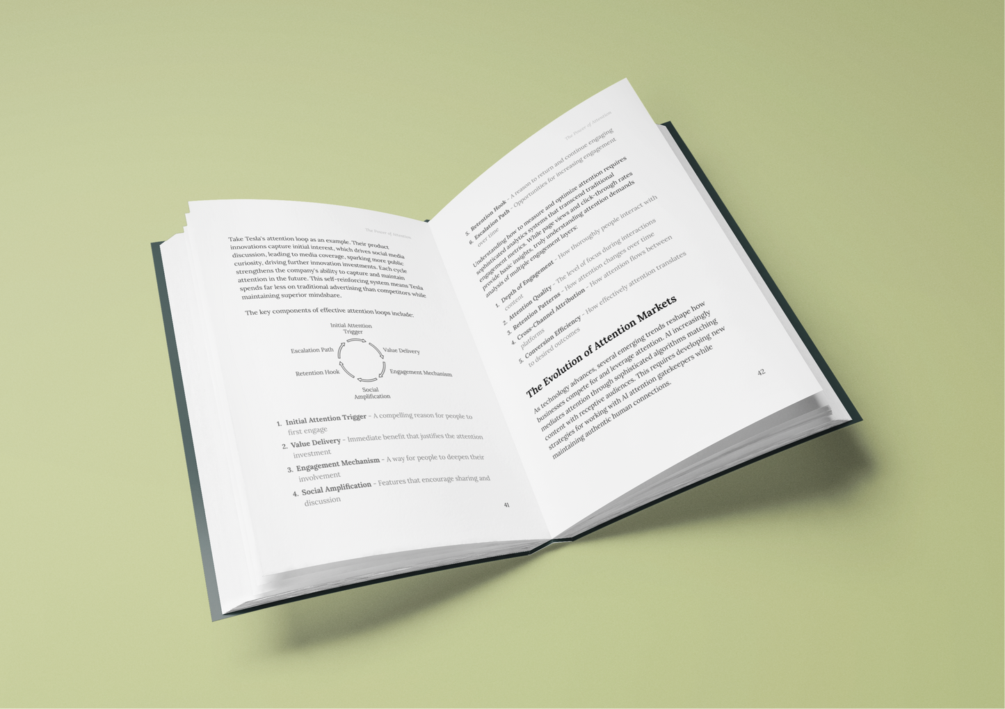 The Power of Attention eBook showcasing open pages with text and diagrams on marketing strategies