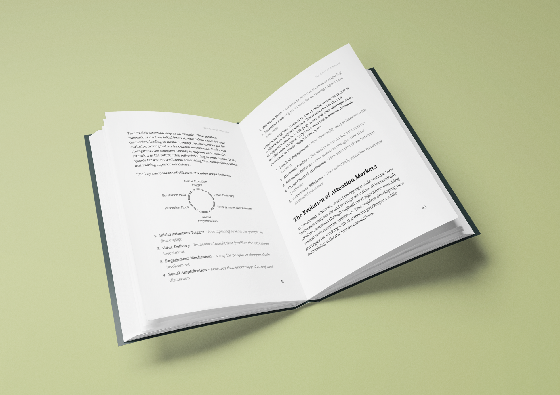 The Power of Attention eBook showcasing open pages with text and diagrams on marketing strategies
