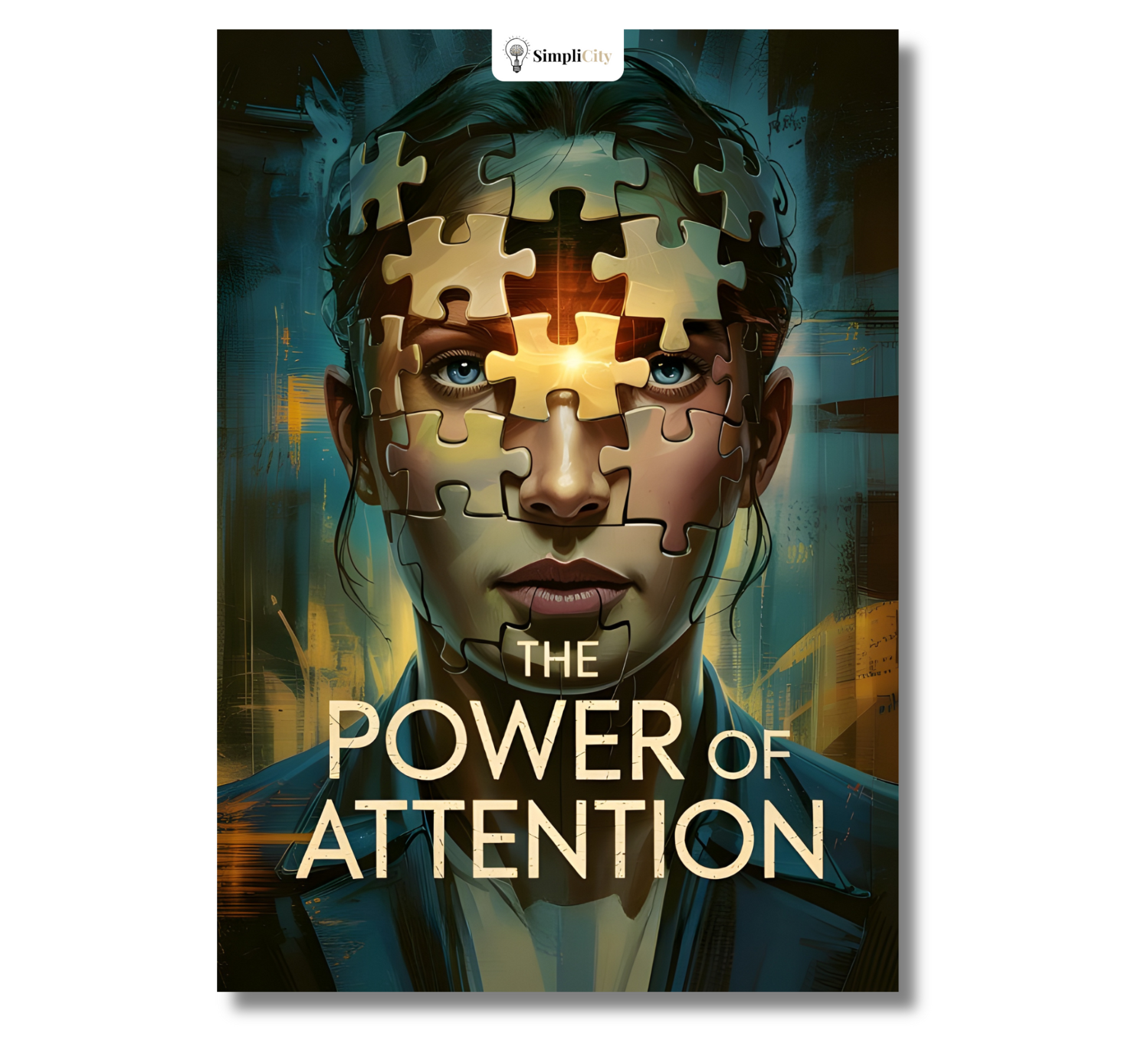 The Power of Attention eBook cover featuring a woman with a puzzle piece design on her face