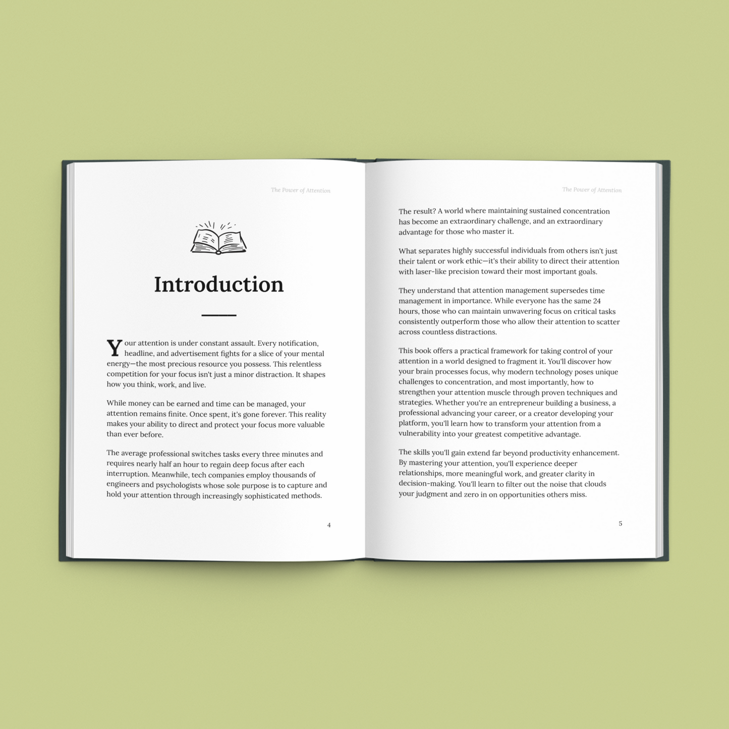 The Power of Attention eBook open to the Introduction page showcasing valuable insights on managing attention