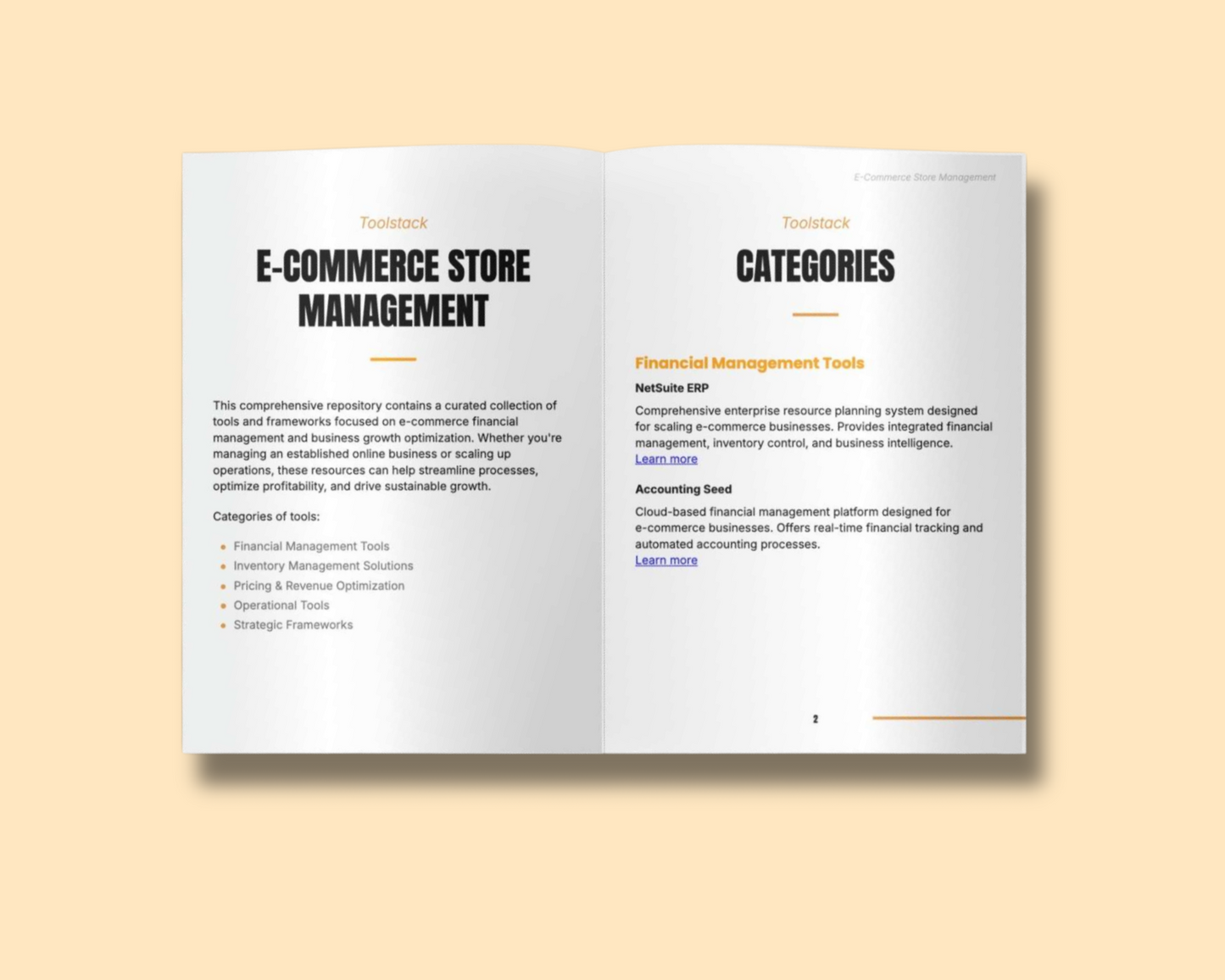Simplicity Toolstack e-commerce store management course overview with categories and financial management tools