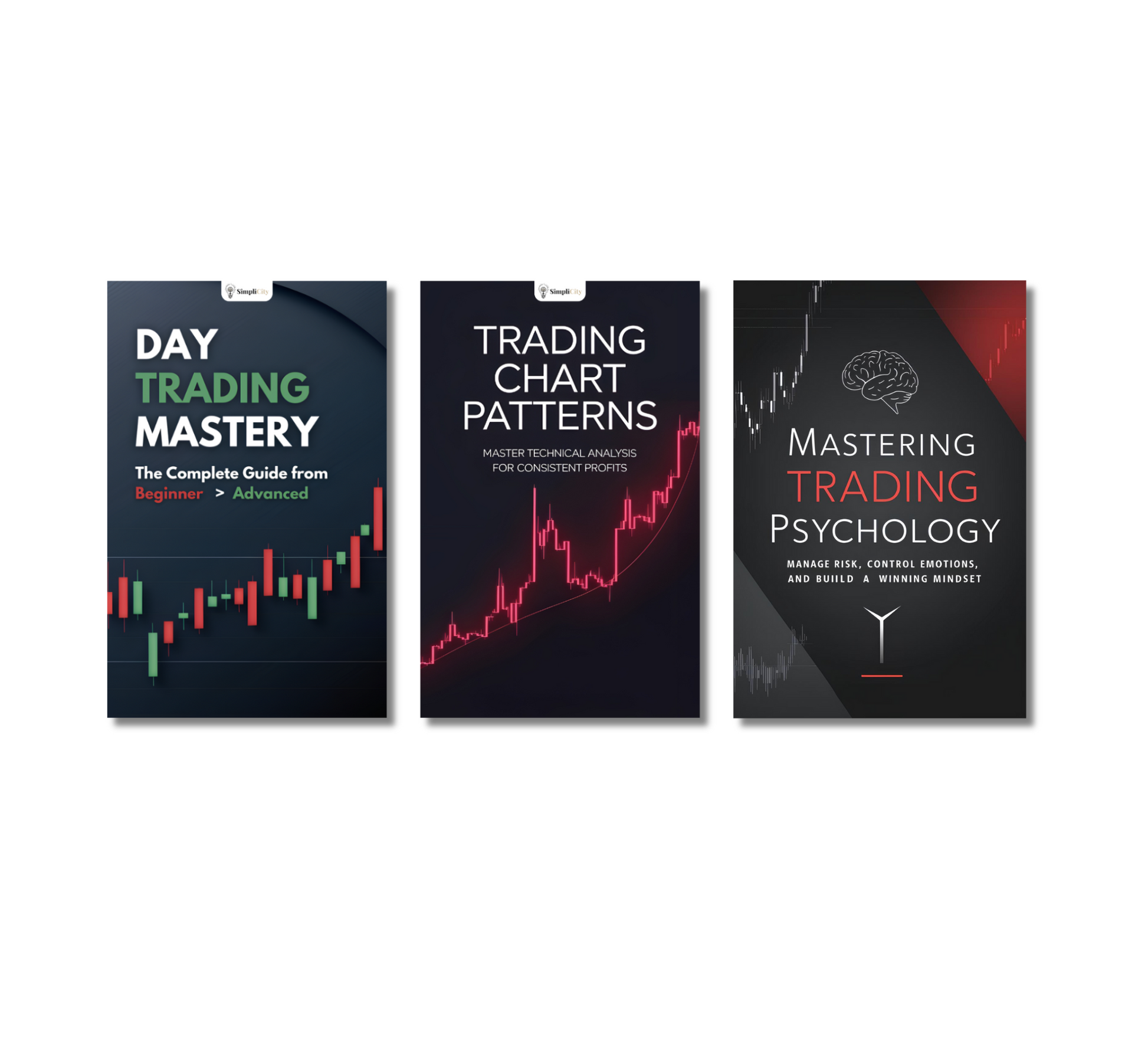 Three trading books covering day trading mastery, chart patterns, and trading psychology for those looking to learn trading strategies online