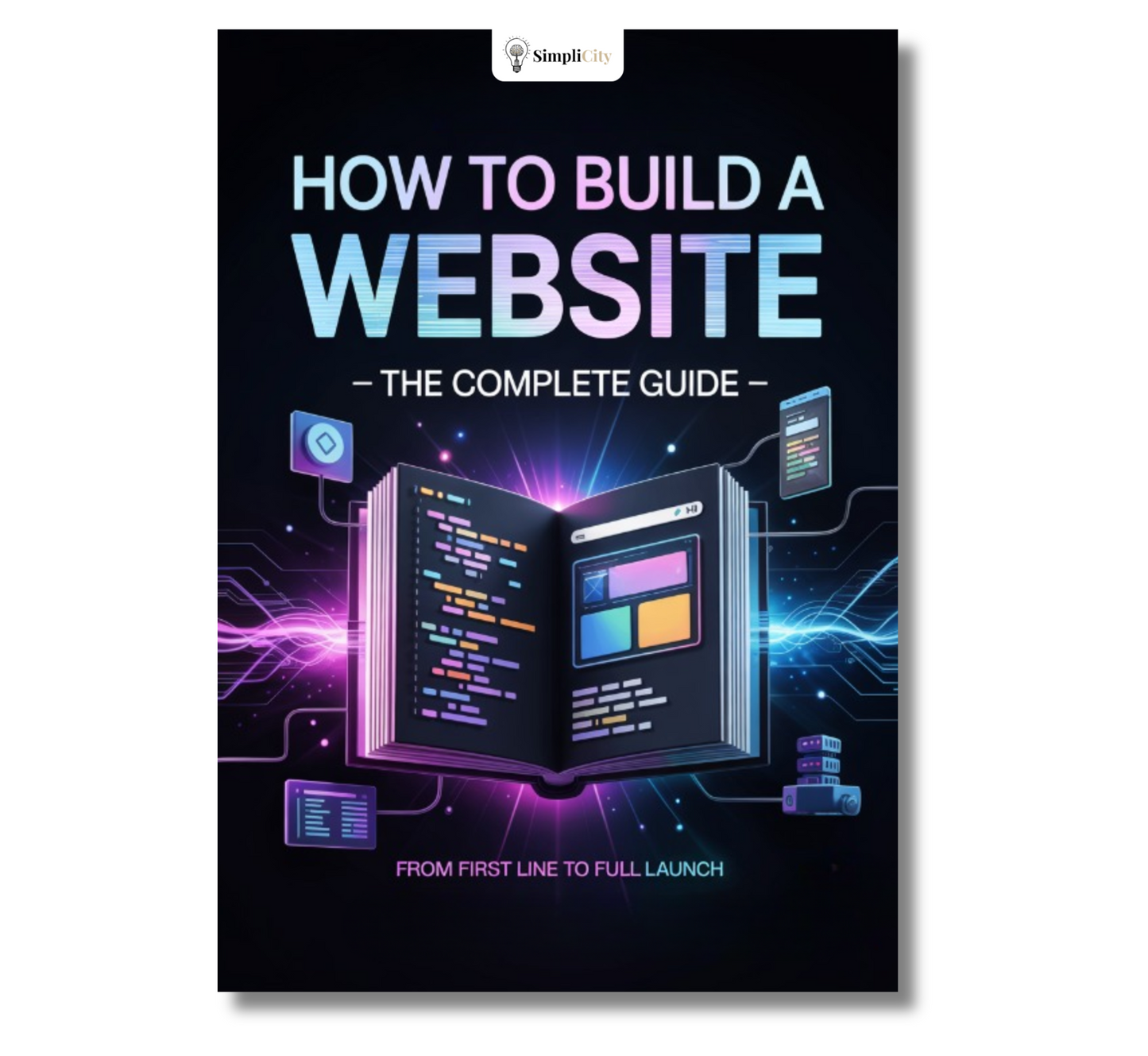 Simplicity complete website guide eBook cover featuring a glowing book with coding elements for beginners