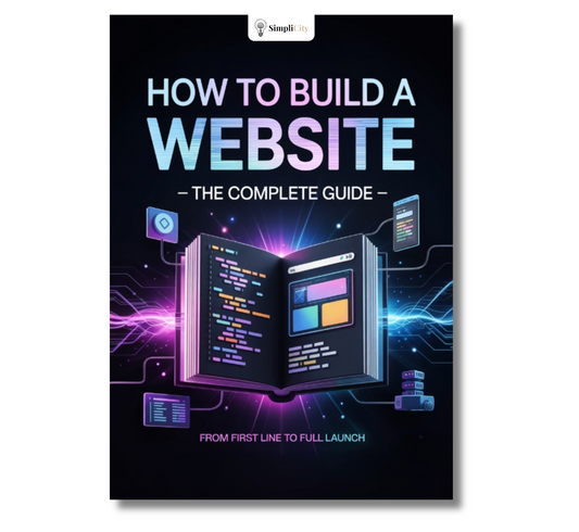 Simplicity complete website guide eBook cover featuring a glowing book with coding elements for beginners